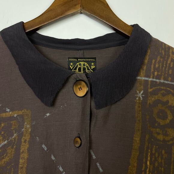 Visual Professional | Brown Silk Linen Blend Metallic Print Button Front Tunic - Picture 3 of 7